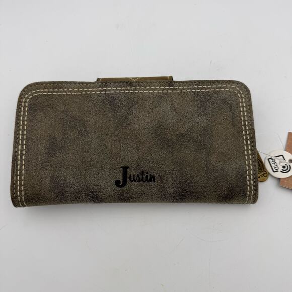 Justin RFID Western Wallet Brown Tan Diamond Stitch Bifold NWT - Picture 2 of 10
